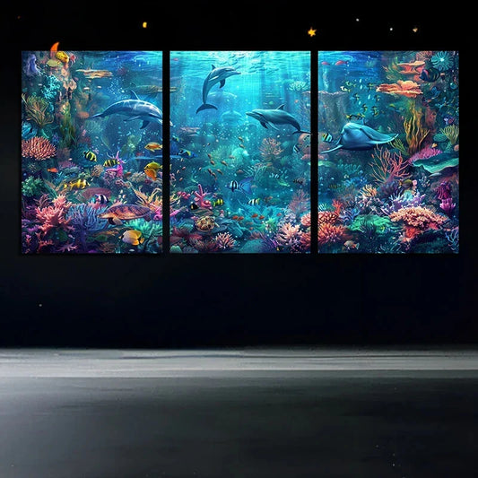 3pcs Ocean Breeze Underwater Dolphin & Coral Reef Metal Print Ready to Hang Art