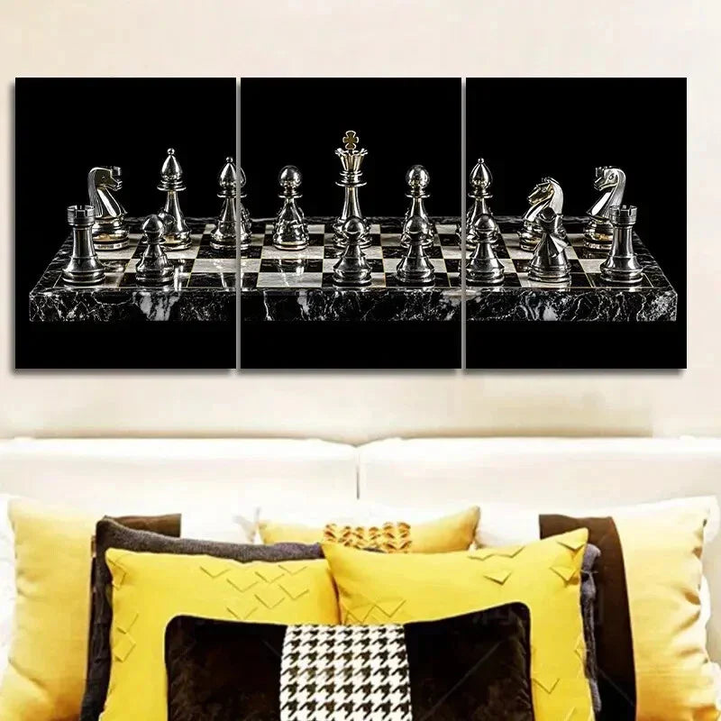 3pcs A chess board with Silvery pieces on it Metal Print Ready to Hang Art