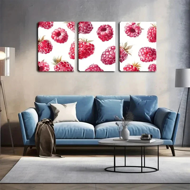 3pcs Raspberry Watercolor Style Wall Art Set Canvas Framed 40x60cm - High Quality Print 100% Australian Made Wall Canvas Ready to Hang