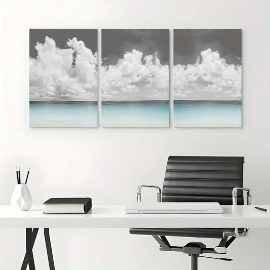 3pcs White Spread Clouds Blue Water Beach Metal Print Ready to Hang Art