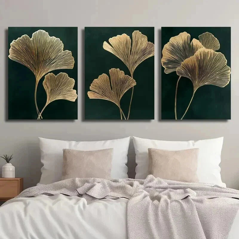3pcs Emerald Green Golden Ginkgo Leaf Wall Art Set Canvas Framed 40x60cm - High Quality Print 100% Australian Made Wall Canvas Ready to Hang