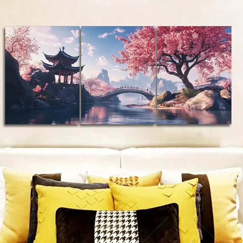 3pcs Cherry Blossom River Landscape Luxurious Wall Art Set Canvas Framed 40x60cm - High Quality Print 100% Australian Made Wall Canvas Ready to Hang