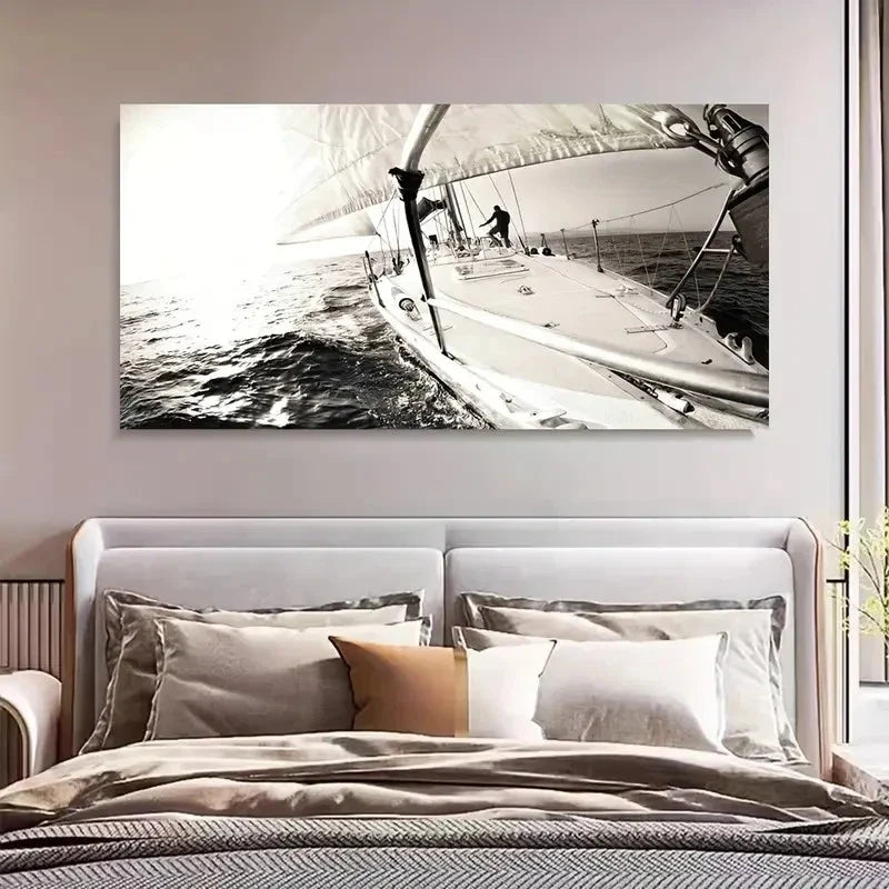 Yacht Sailing Modern Nautical Wall Art Canvas Office Home Room Framed 80x45cm