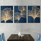 3pcs Elegant Golden Ginkgo Leaf on Navy Blue Wall Art Set Canvas Framed 40x60cm - High Quality Print 100% Australian Made Wall Canvas Ready to Hang