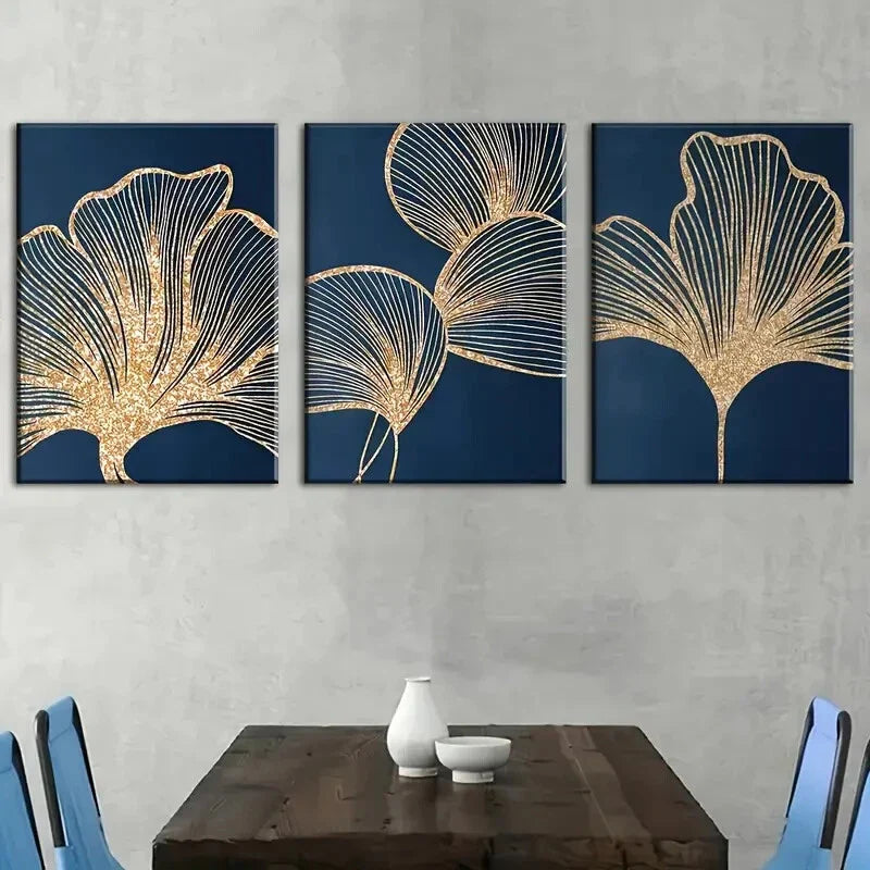 3pcs Elegant Golden Ginkgo Leaf on Navy Blue Wall Art Set Canvas Framed 40x60cm - High Quality Print 100% Australian Made Wall Canvas Ready to Hang