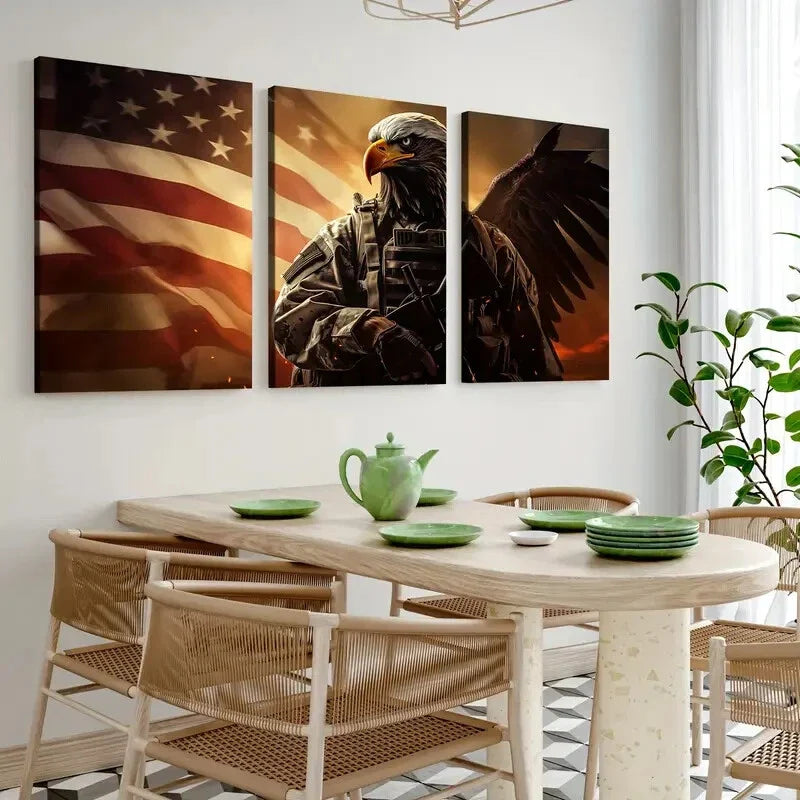 3pcs Abstract Bald Eagle Flying American Flag Wall Art Set Canvas Framed 40x60cm - High Quality Print 100% Australian Made Wall Canvas Ready to Hang