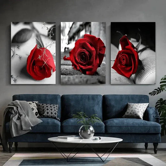 3pcs Red Rose Elegant Floral Black & White Metal Print Ready to Hang Art
