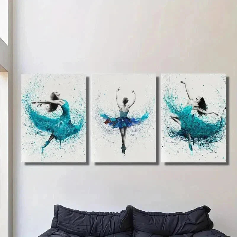 3pcs Blue Color Splashing Ballet Dance Wall Art Set Canvas Framed 40x60cm - High Quality Print 100% Australian Made Wall Canvas Ready to Hang