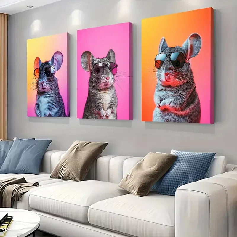 3pcs Cool Chinchilla in Glasses Triptych Wall Art Set Canvas Framed 40x60cm - High Quality Print 100% Australian Made Wall Canvas Ready to Hang