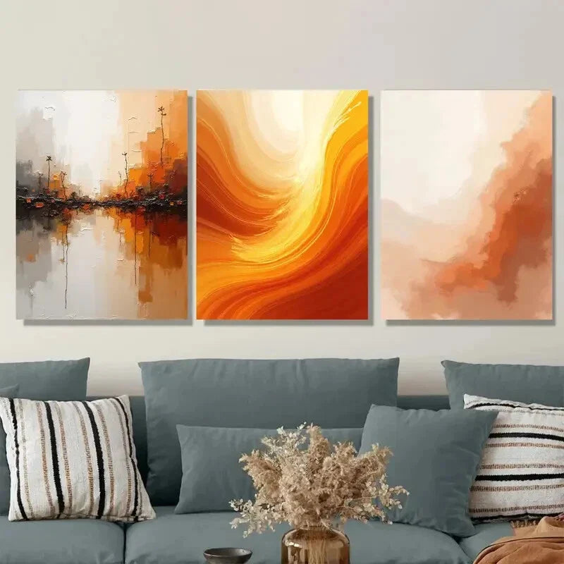 3pcs Modern Abstract Vibrant Orange Stylish Wall Art Set Canvas Framed 40x60cm - High Quality Print 100% Australian Made Wall Canvas Ready to Hang