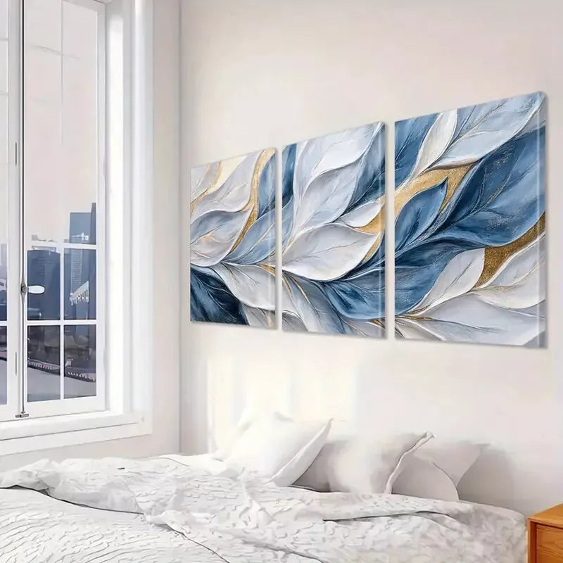 3pcs Blue And Gold Brushstrokes Paintings Wall Art Set Canvas Framed 40x60cm - High Quality Print 100% Australian Made Wall Canvas Ready to Hang