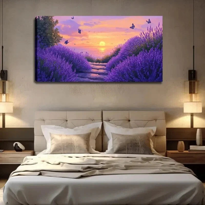 Lavender Fields Sunset Scene Wall Art Canvas Office Home Room Framed 120x60cm