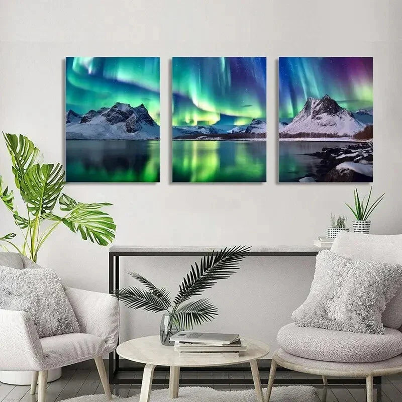 3pcs Aurora Borealis Mountains Lake  Wall Art Set Canvas Framed 40x60cm - High Quality Print 100% Australian Made Wall Canvas Ready to Hang