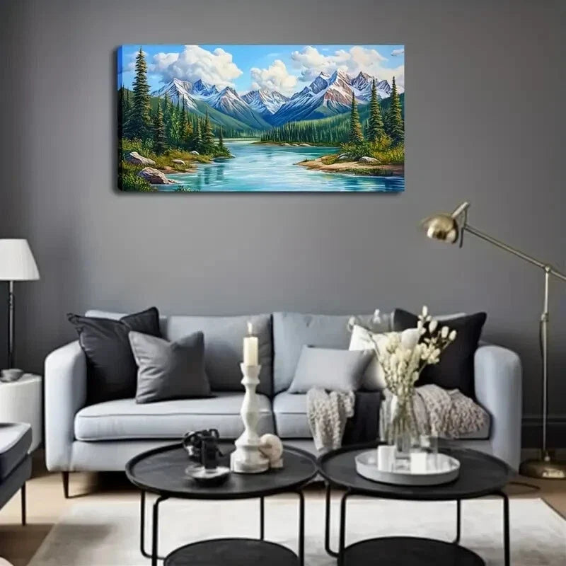 Serene River Landscape Snow Wall Art Canvas Office Home Room Framed 120x60cm