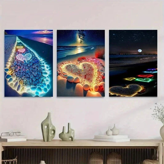 3pcs Vibrant Night Sky and Heart Stunning Wall Art Set Canvas Framed 40x60cm - High Quality Print 100% Australian Made Wall Canvas Ready to Hang