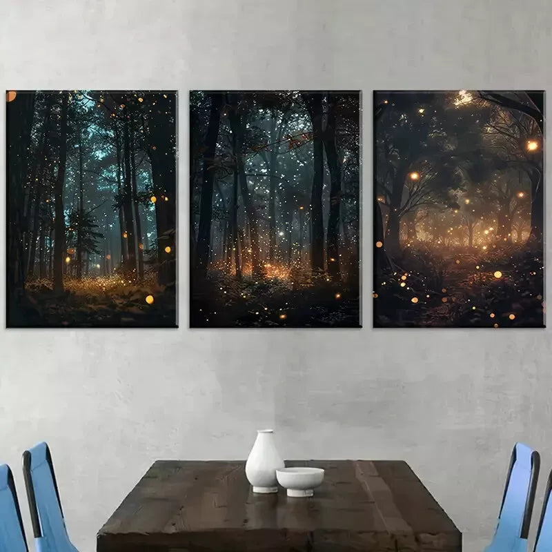 3pcs Decorative Enchanting Forest Firefly Scene Wall Art Set Canvas Framed 40x60cm - High Quality Print 100% Australian Made Wall Canvas Ready to Hang