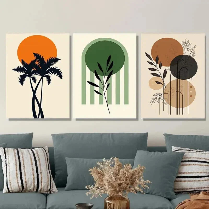 3pcs Tropical Palm Tree, Green Leaves Orange Wall Art Set Canvas Framed 40x60cm - High Quality Print 100% Australian Made Wall Canvas Ready to Hang