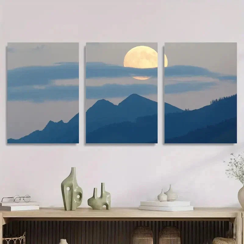 3pcs Night Sky with Full Moon Over Peaks Metal Print Ready to Hang Art