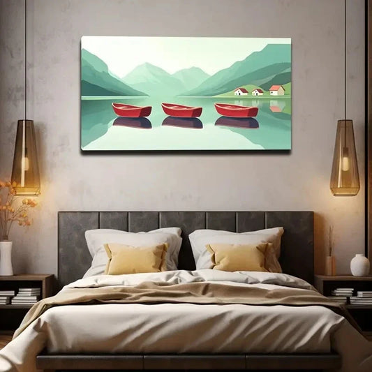 Serene Red Boats on Calm Lake Wall Art Canvas Office Home Room Framed 120x60cm