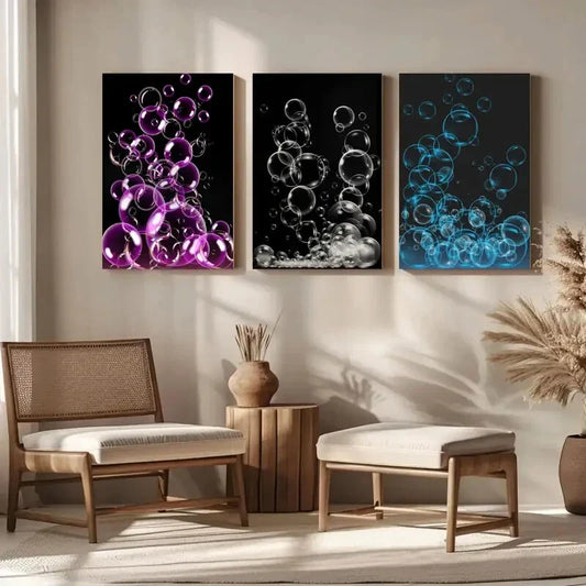 3pcs Black & White Bubbles Pink Blue Metal Print Ready to Hang Art
