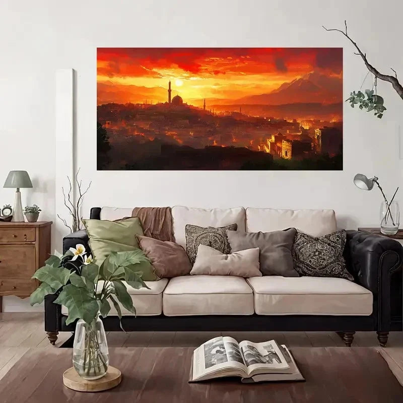 Golden Sunset Cityscape Wall Art Canvas Office Home Room Framed 80x45cm