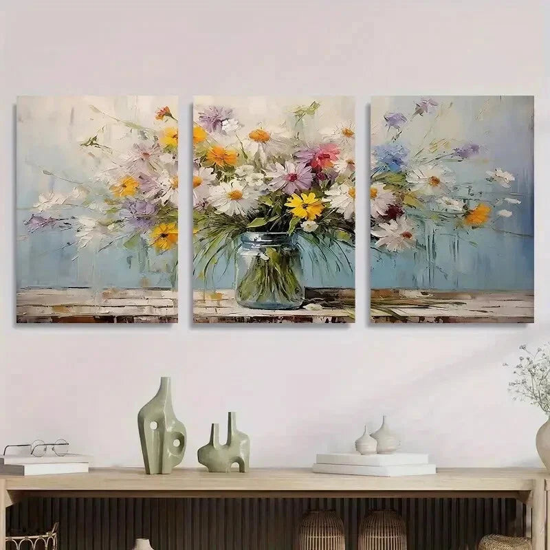 3pcs Vibrant Daisy Flower Vase Bouquet Metal Print Ready to Hang Art