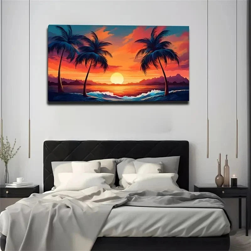 Vibrant Beach Sunset With Palm Wall Art Canvas Office Home Room Framed 120x60cm