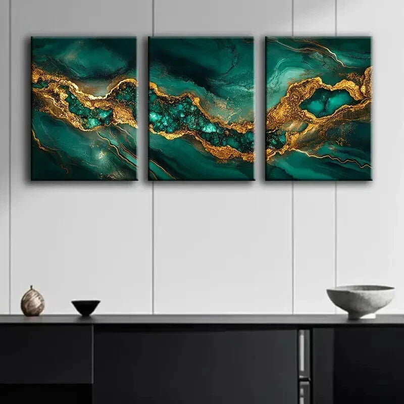 3pcs Luxurious Gold & Green Abstract Marble Wall Art Set Canvas Framed 40x60cm - High Quality Print 100% Australian Made Wall Canvas Ready to Hang