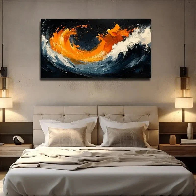 Dynamic Swirling Oranges Black Wall Art Canvas Office Home Room Framed 120x60cm