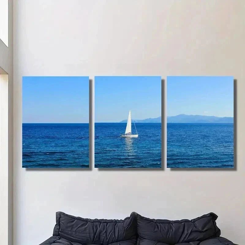 3pcs Sailing Boat in the Blue Sea Wall Art Set Canvas Framed 40x60cm - High Quality Print 100% Australian Made Wall Canvas Ready to Hang