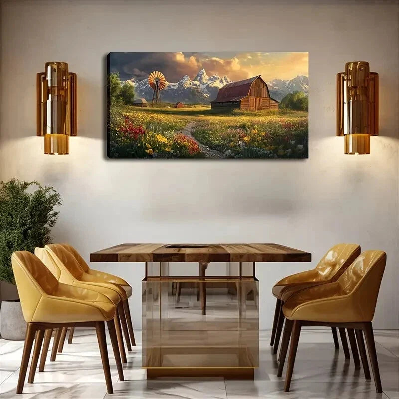 Windmill & Mountain Landscape Wall Art Canvas Office Home Room Framed 120x60cm