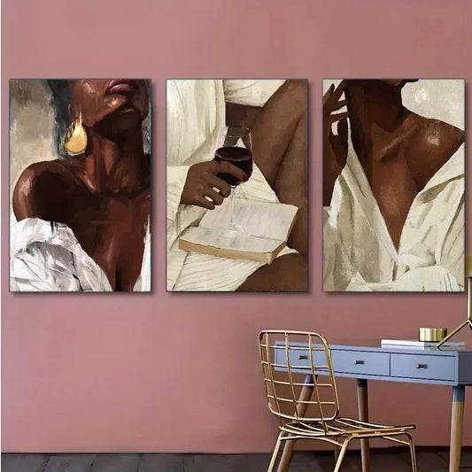 3pcs Fashion Black Light Beige Woman Art Metal Print Ready to Hang Art