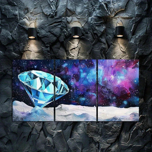 3pcs Stunning Blue Diamond Purple & White Theme Metal Print Ready to Hang Art