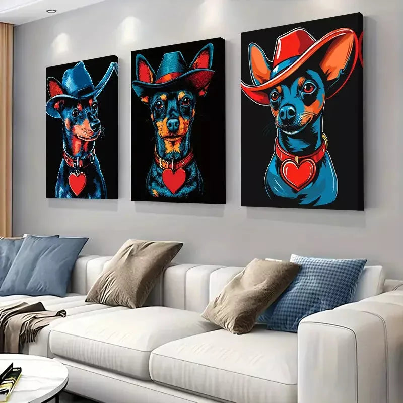 3pcs Vibrant Blue & Red Cowboy-Themed Dog Wall Art Set Canvas Framed 40x60cm - High Quality Print 100% Australian Made Wall Canvas Ready to Hang