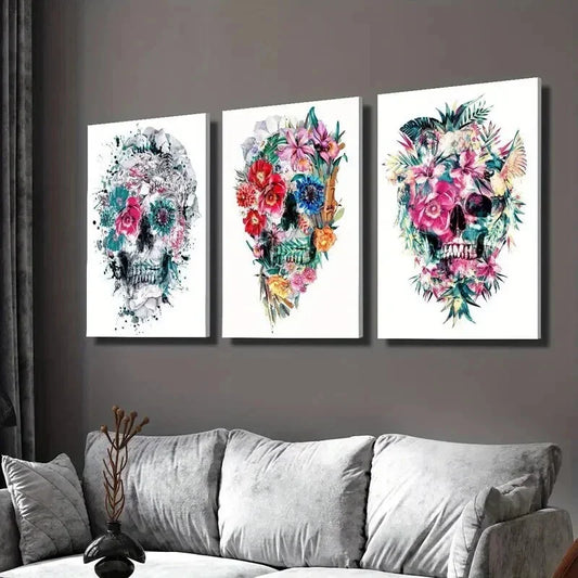 3pcs Vibrant Floral Skull Decoration Wall Art Set Canvas Framed 40x60cm - High Quality Print 100% Australian Made Wall Canvas Ready to Hang