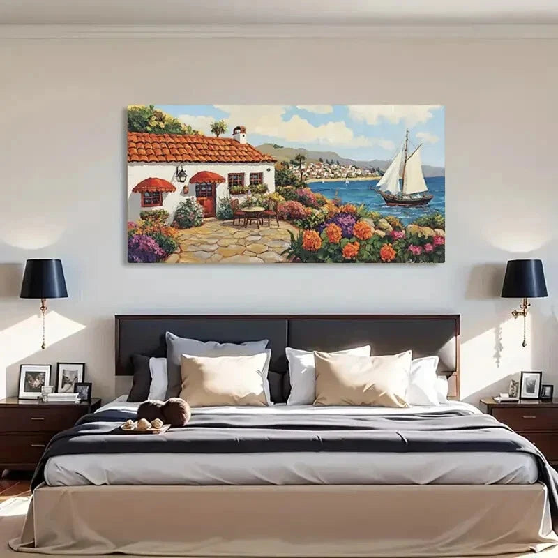 Coastal Sailboats Hillside Vila Wall Art Canvas Office Home Room Framed 80x45cm