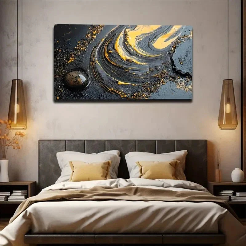 Meandering Interwoven Yellow Wall Art Canvas Office Home Room Framed 80x45cm