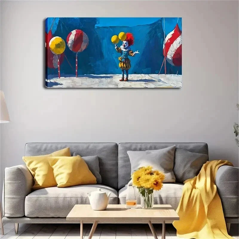 Clown with Yellow Balls on Blue Wall Art Canvas Office Home Room Framed 120x60cm