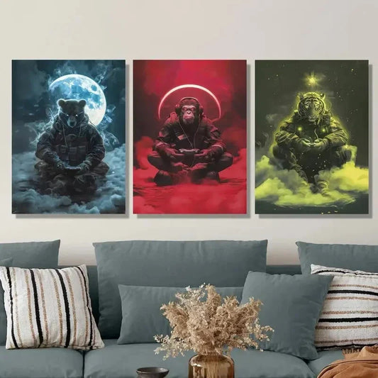 3pcs Bear Chimpanzee Tiger Military Uniform Metal Print Ready to Hang Art
