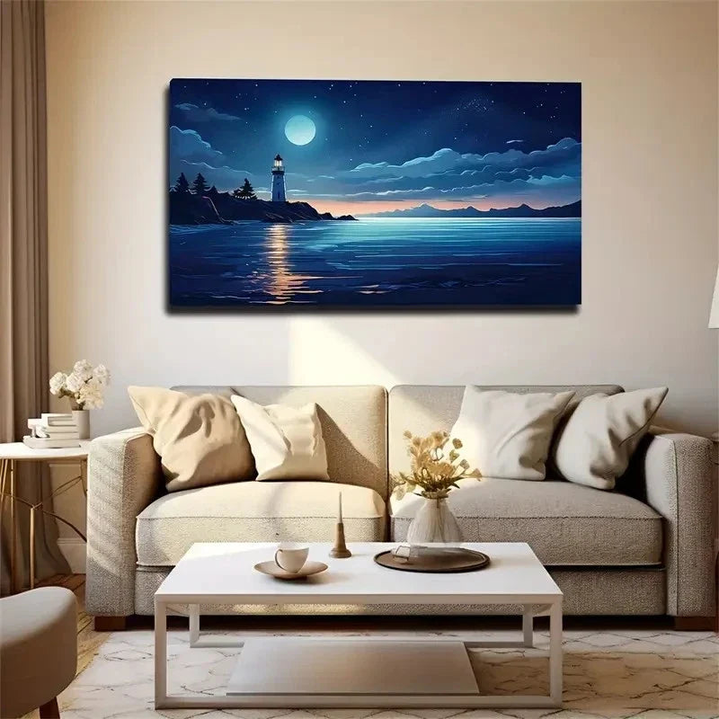 Lighthouse By The River Moonlit Wall Art Canvas Office Home Room Framed 120x60cm