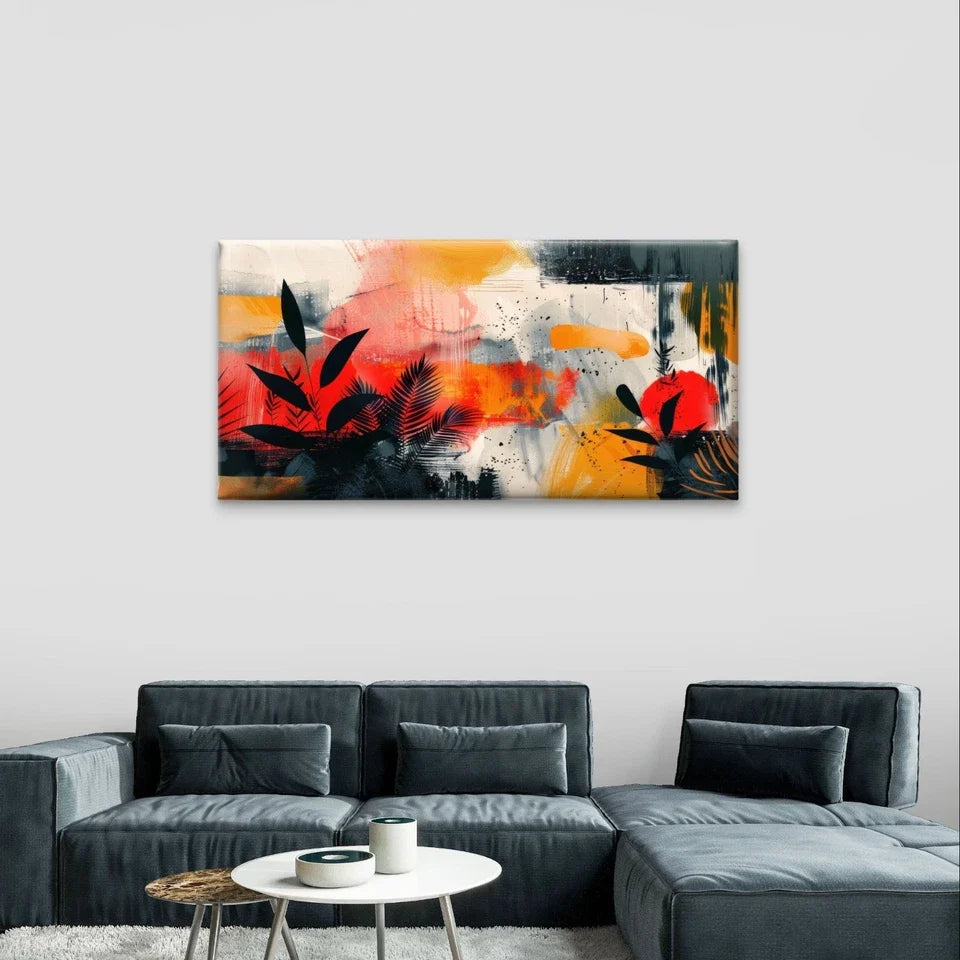 Leaves Silhouette and Sunset Paint Wall Art Canvas Office Home Framed 120x60cm