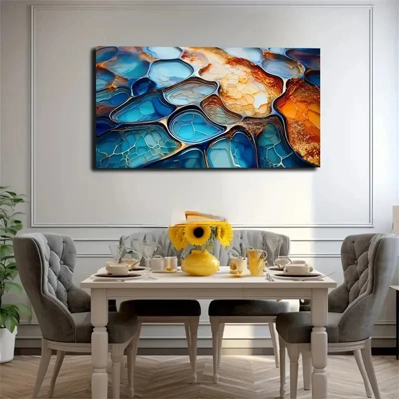 Vibrant Blue & Orange Marble Wall Art Canvas Office Home Room Framed 120x60cm