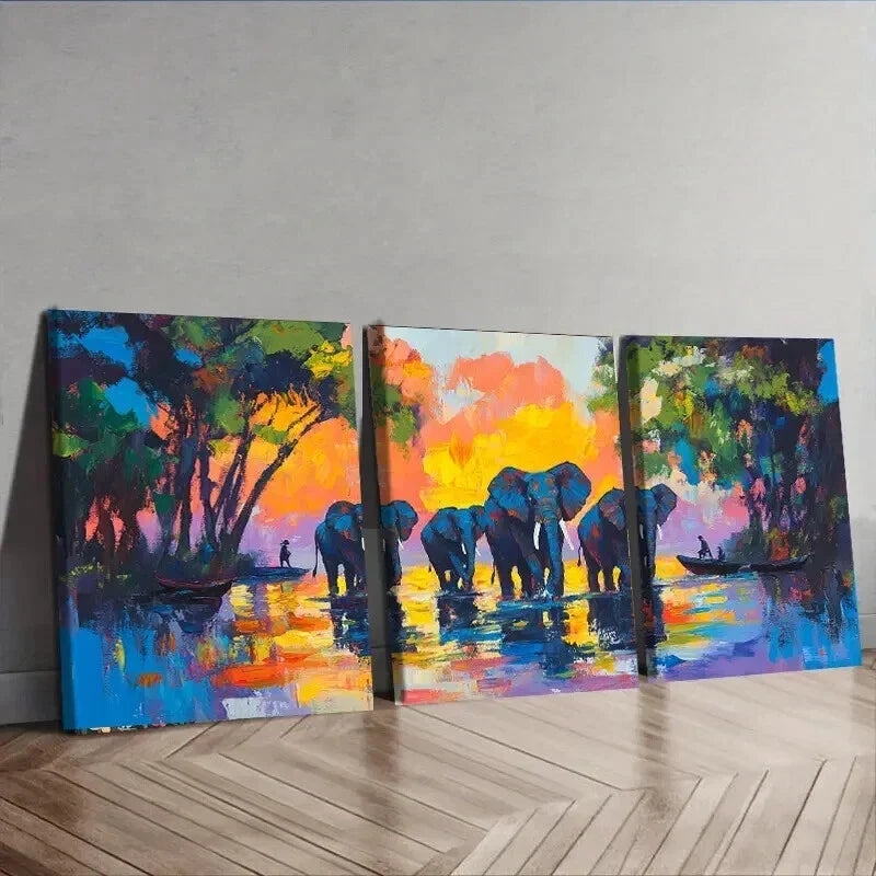 3pcs Elephant Walking Design Colorful Perfect Wall Art Set Canvas Framed 40x60cm - High Quality Print 100% Australian Made Wall Canvas Ready to Hang