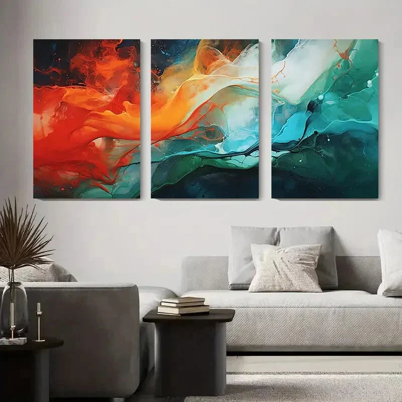 3pcs Vibrant Red, Blue & Green Swirl Design Metal Print Ready to Hang Art