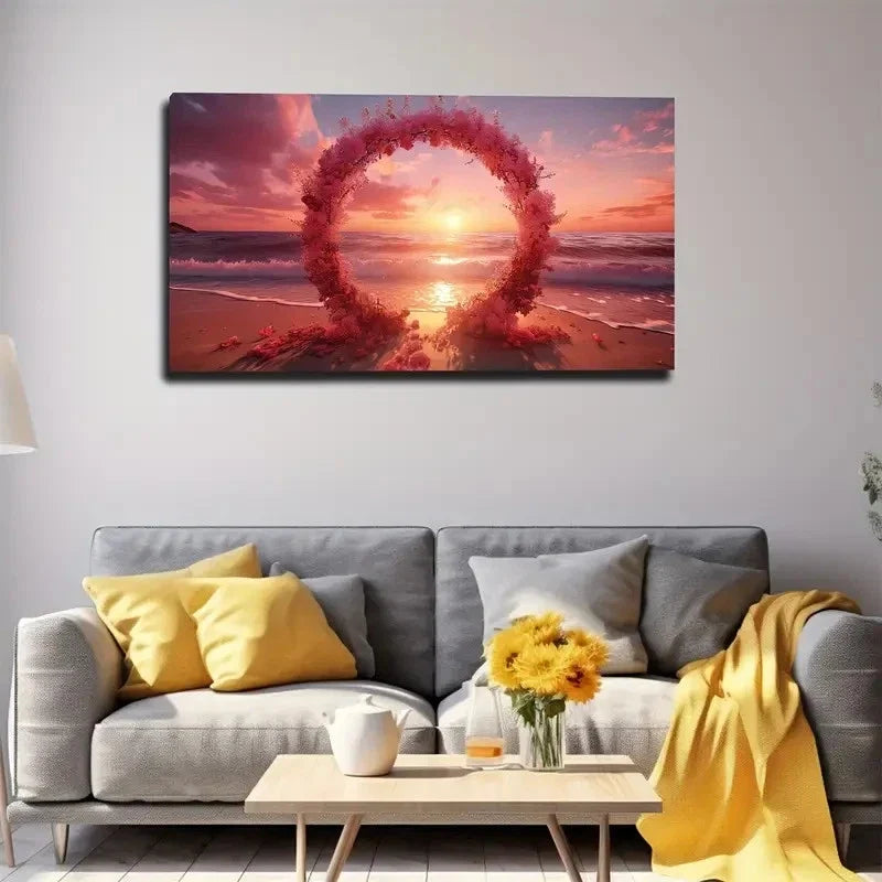 Beautiful Pink Floral Wreath Wall Art Canvas Office Home Room Framed 80x45cm