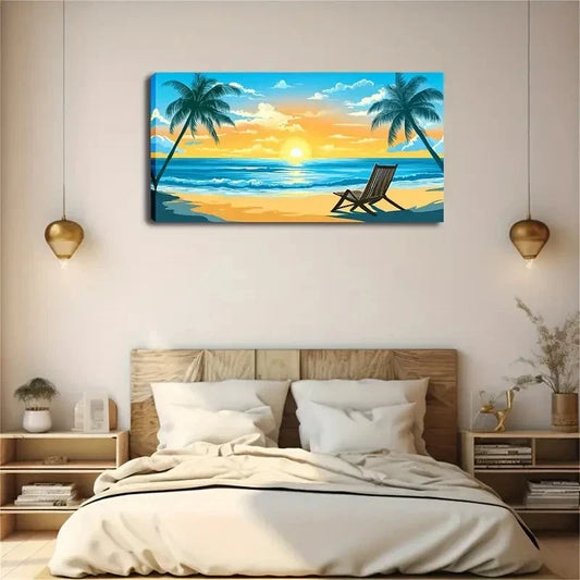 Beach Sunset With Deck Chair Wall Art Canvas Office Home Room Framed 80x45cm