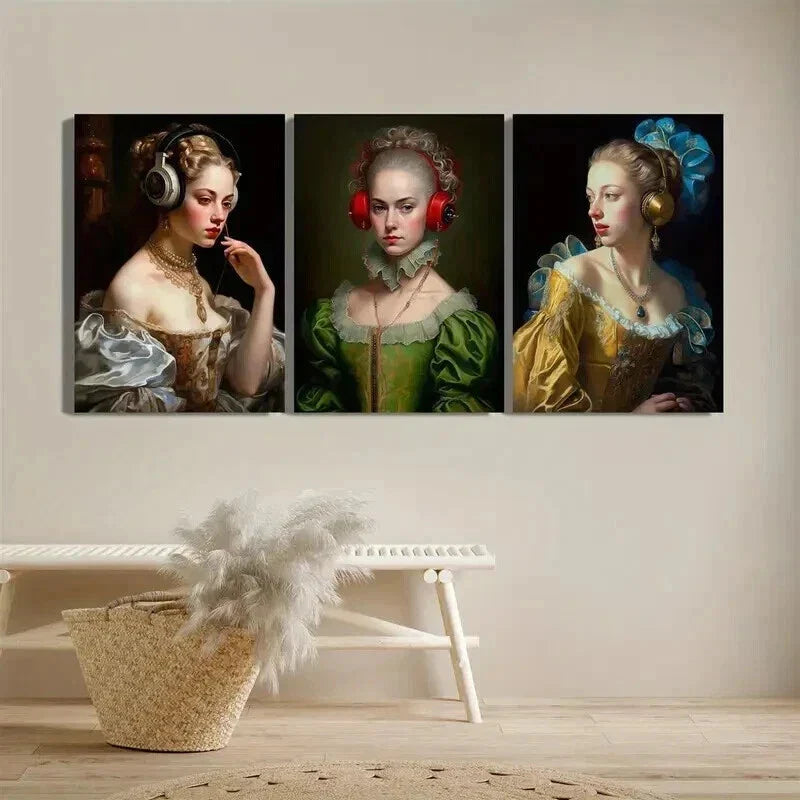3pcs Eclectic Female Portraits with Headphones Wall Art Set Canvas Framed 40x60cm - High Quality Print 100% Australian Made Wall Canvas Ready to Hang