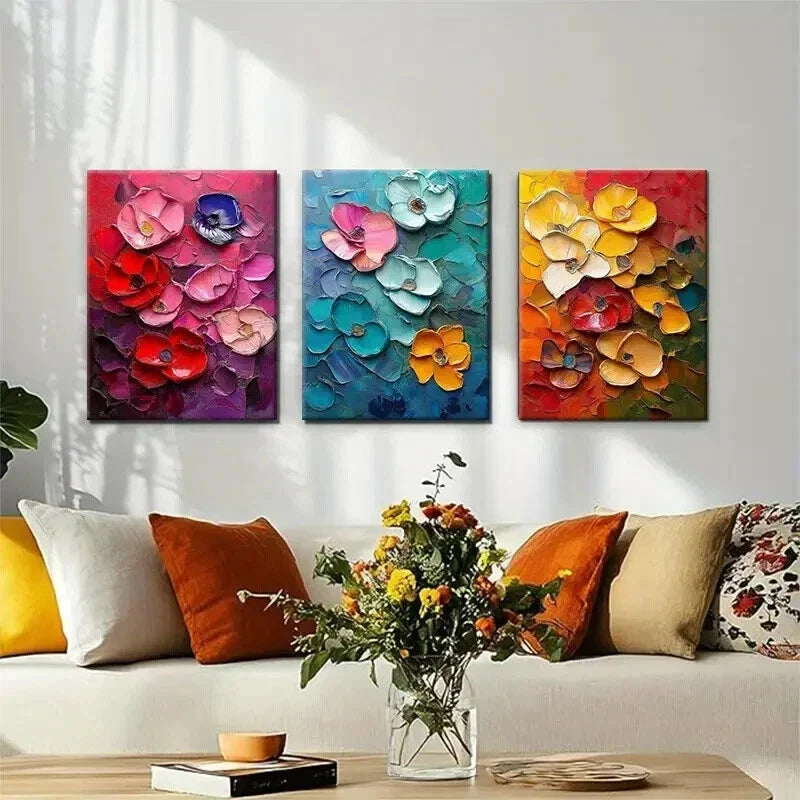 3pcs Vibrant Multi-Color Blossoms with Textured Wall Art Set Canvas Framed 40x60cm - High Quality Print 100% Australian Made Wall Canvas Ready to Hang