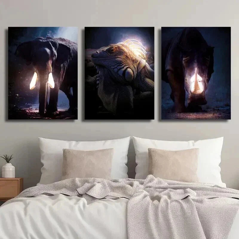 3pcs Glowing Elephant Iguana & Rhino Wall Art Set Canvas Framed 40x60cm - High Quality Print 100% Australian Made Wall Canvas Ready to Hang
