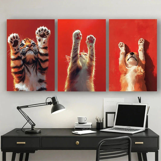 3pcs Playful Animal Paw Vibrant Metal Print Ready to Hang Art